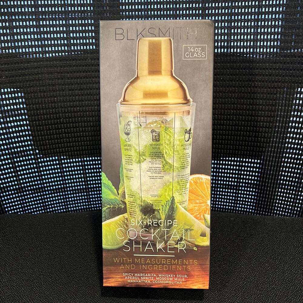 Blksmith six recipe cocktail shaker  with measurements and ingredients